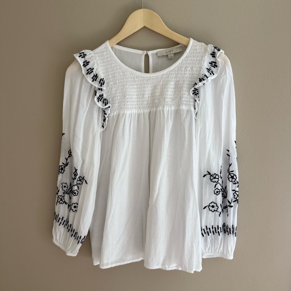 LOFT Embroidered Blouse White‎ Navy Size Small